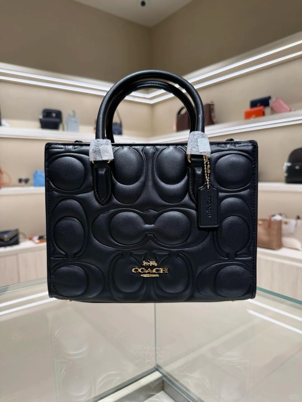 Coach Black Quilted Logo-Embossed Leather Satchel with Gold Accent